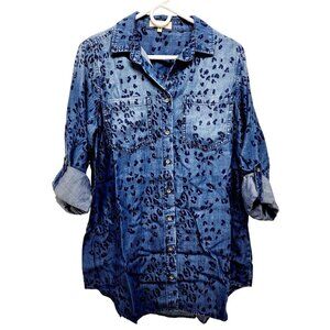 Side Stitch woman Blue Leopard Print Lyocell long Sleeve Shirt Size XS
